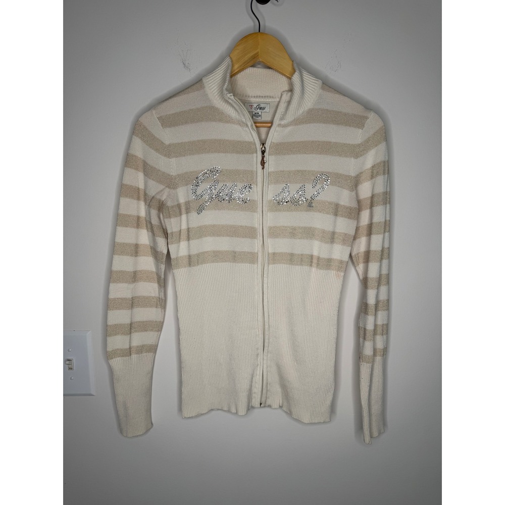 Vintage Y2K Guess Gold Striped Rhinestone Logo Zip Up Sweater Cream Size Medium